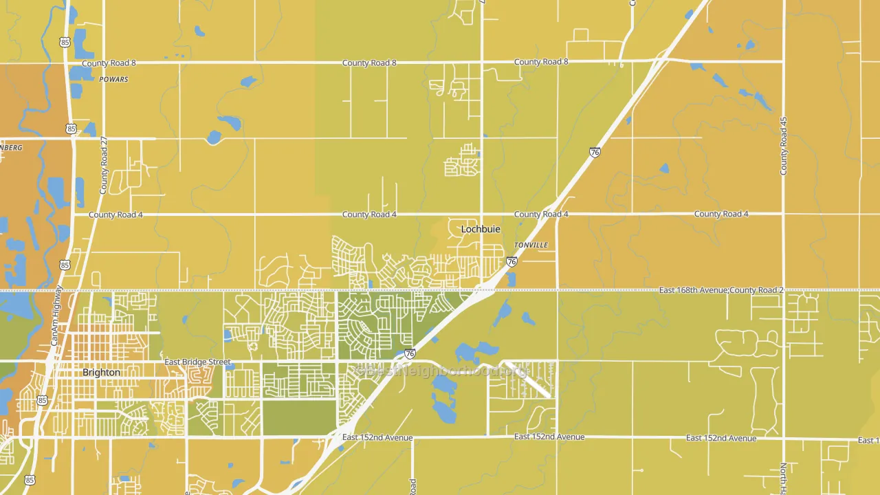 Map of the best neighborhoods in the Lochbuie area, with better matches in green and worse matches in red