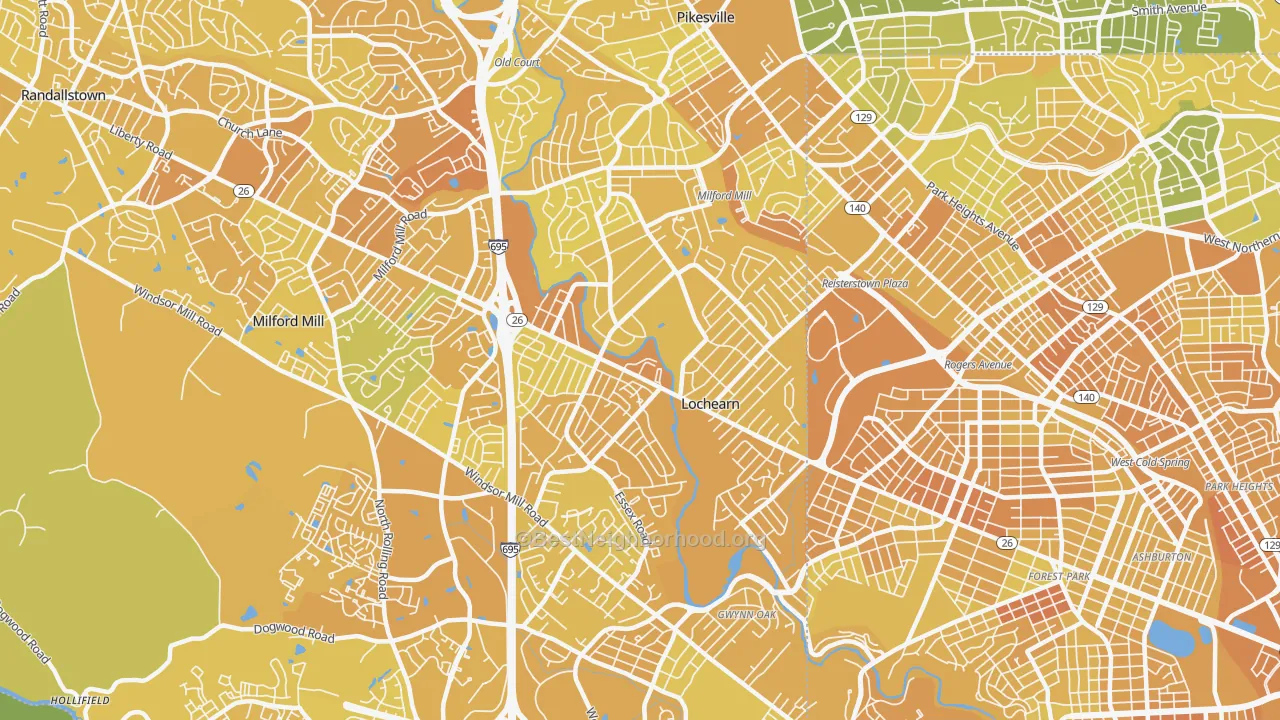Map of the best neighborhoods in the Lochearn area, with better matches in green and worse matches in red