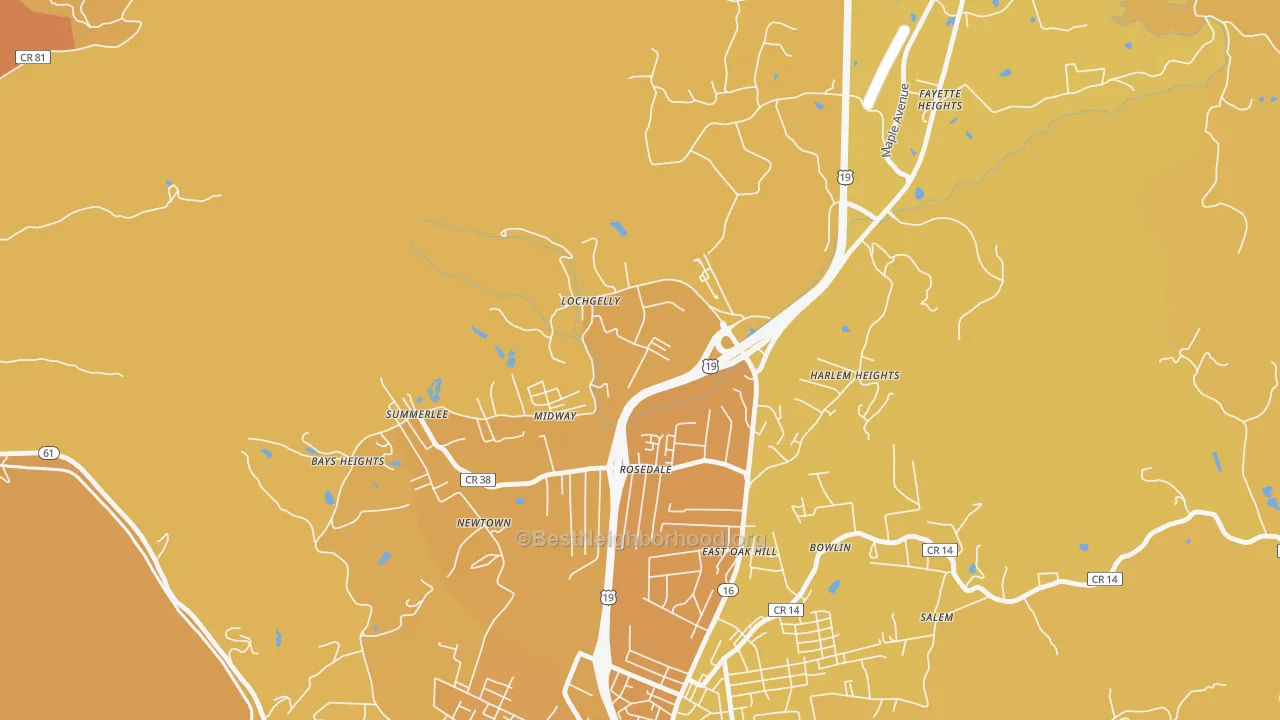 Map of the best neighborhoods in the Lochgelly area, with better matches in green and worse matches in red