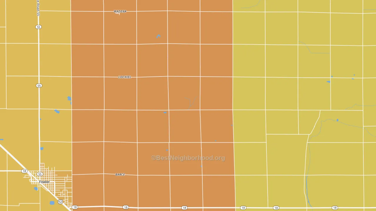Map of the best neighborhoods in the Lochiel area, with better matches in green and worse matches in red