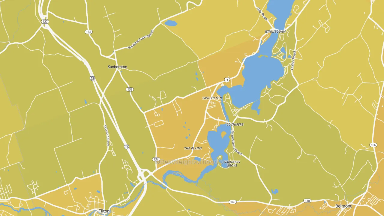 Map of the best neighborhoods in the Lochmere area, with better matches in green and worse matches in red