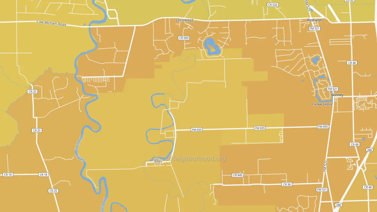 Map of the best neighborhoods in the Lochridge area, with better matches in green and worse matches in red