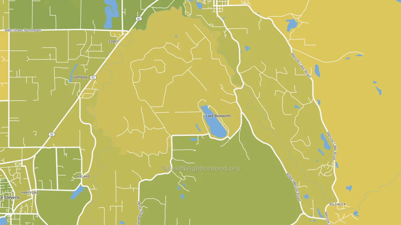 Map of the best neighborhoods in the Lochsloy area, with better matches in green and worse matches in red