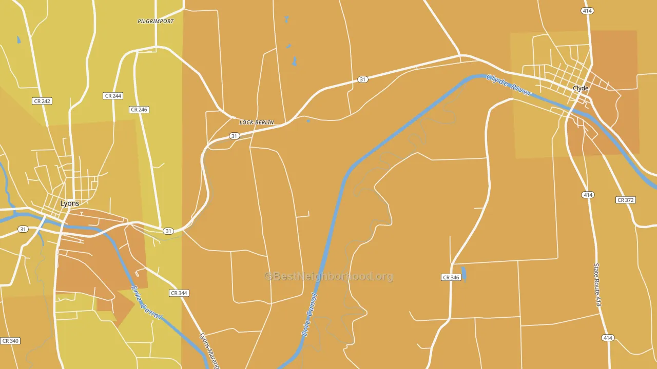 Map of the best neighborhoods in the Lock Berlin area, with better matches in green and worse matches in red