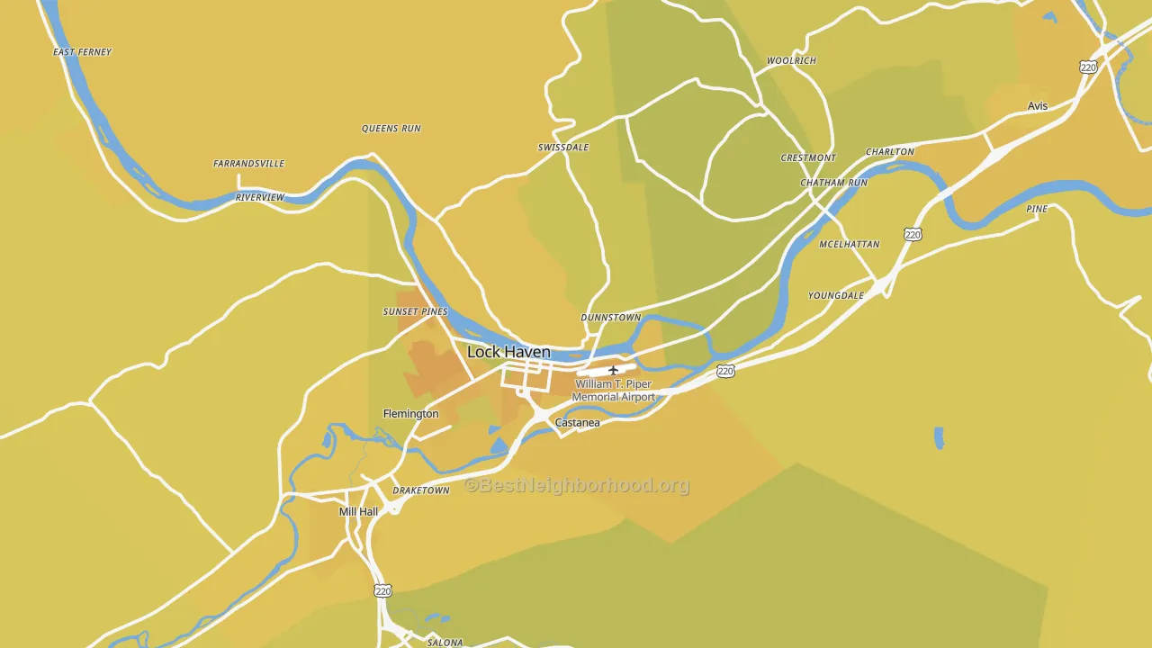 Map of the best neighborhoods in the Lock Haven area, with better matches in green and worse matches in red