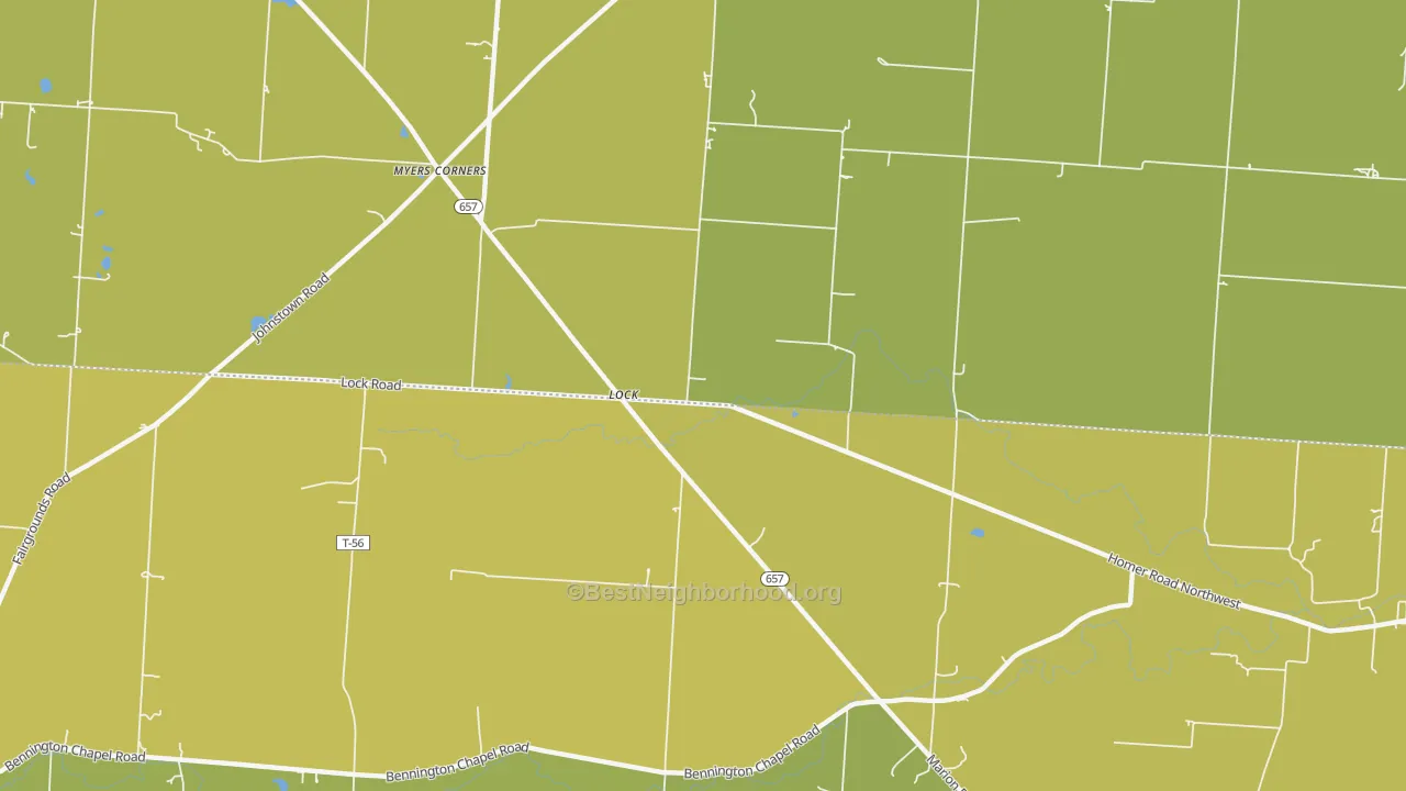 Map of the best neighborhoods in the Lock area, with better matches in green and worse matches in red