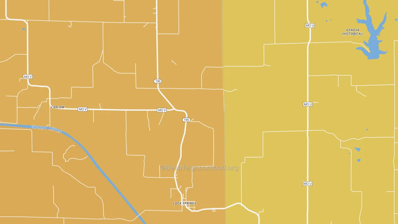 Map of the best neighborhoods in the Lock Springs area, with better matches in green and worse matches in red