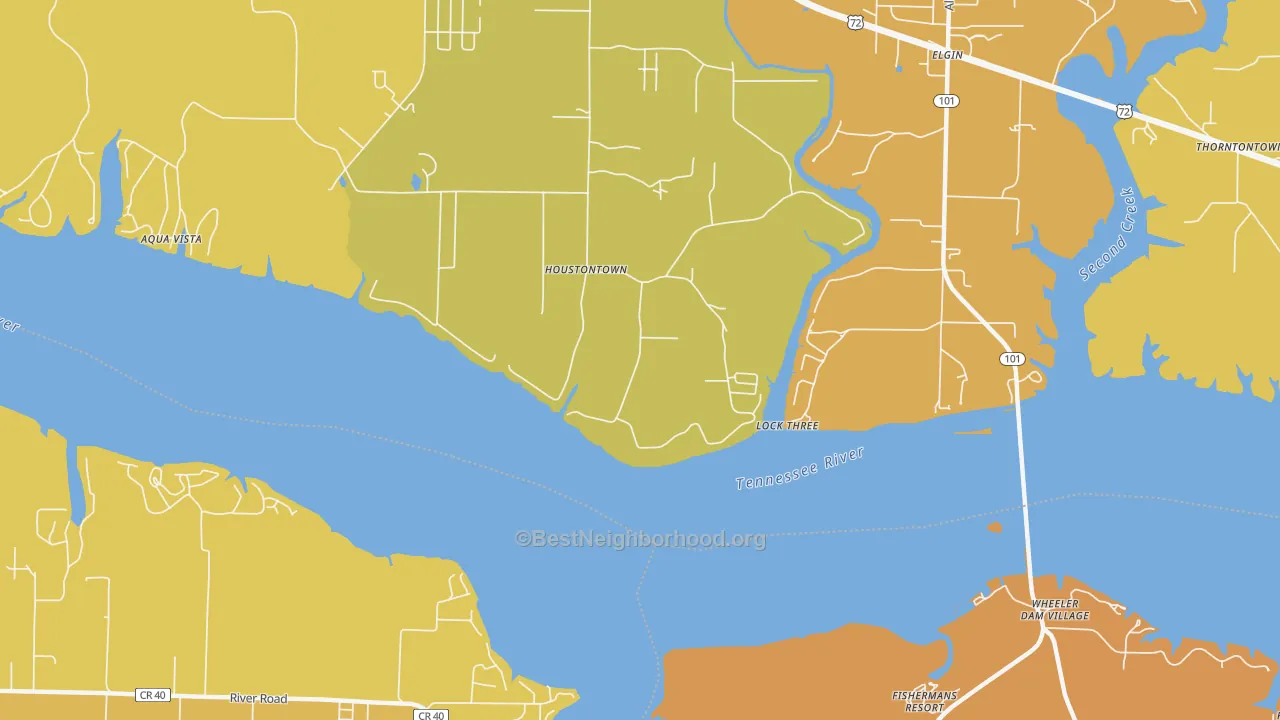 Map of the best neighborhoods in the Lock Three area, with better matches in green and worse matches in red