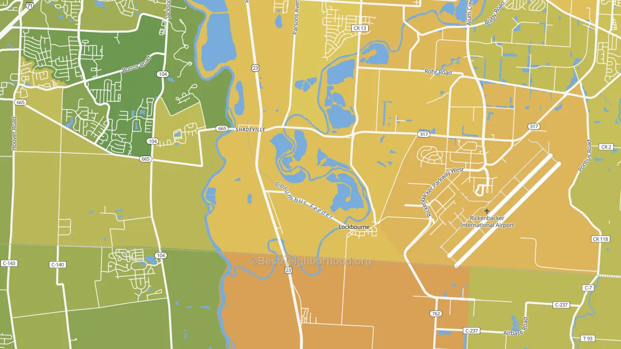 Map of the best neighborhoods in the Lockbourne area, with better matches in green and worse matches in red