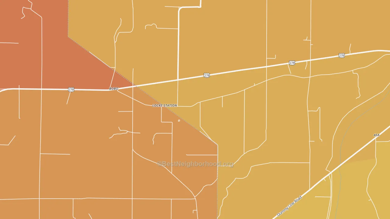 Map of the best neighborhoods in the Locke Station area, with better matches in green and worse matches in red