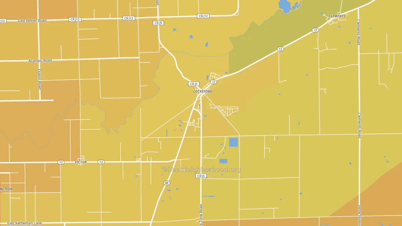 Map of the best neighborhoods in the Lockeford area, with better matches in green and worse matches in red