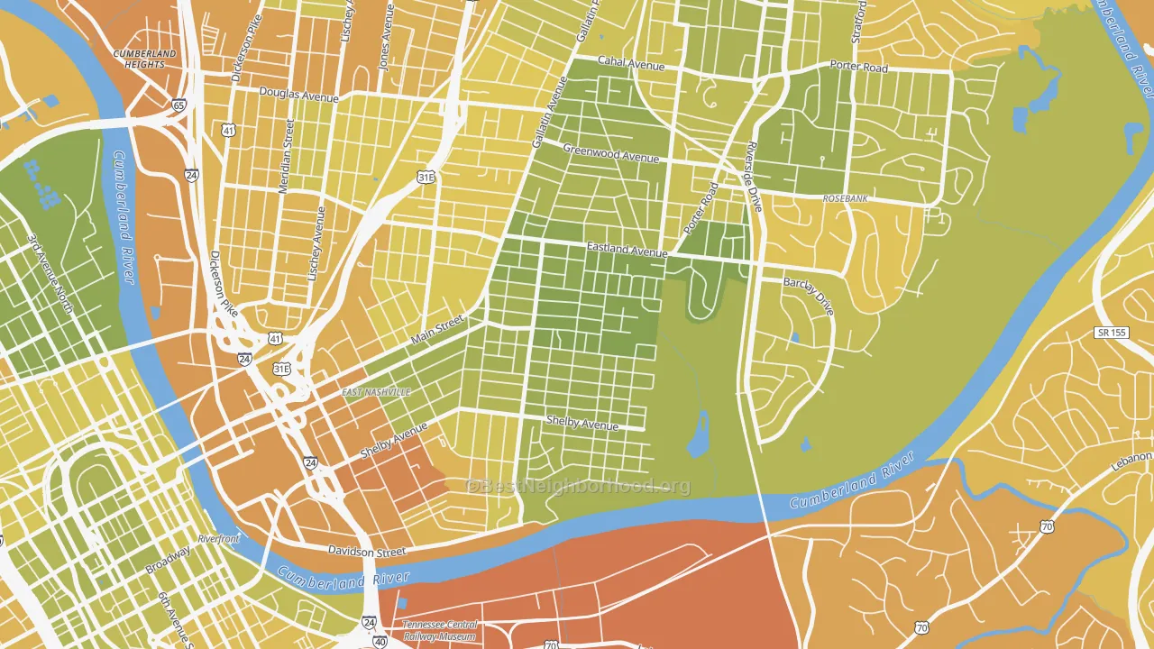 Map of the best neighborhoods in the Lockeland Springs, Nashville area, with better matches in green and worse matches in red