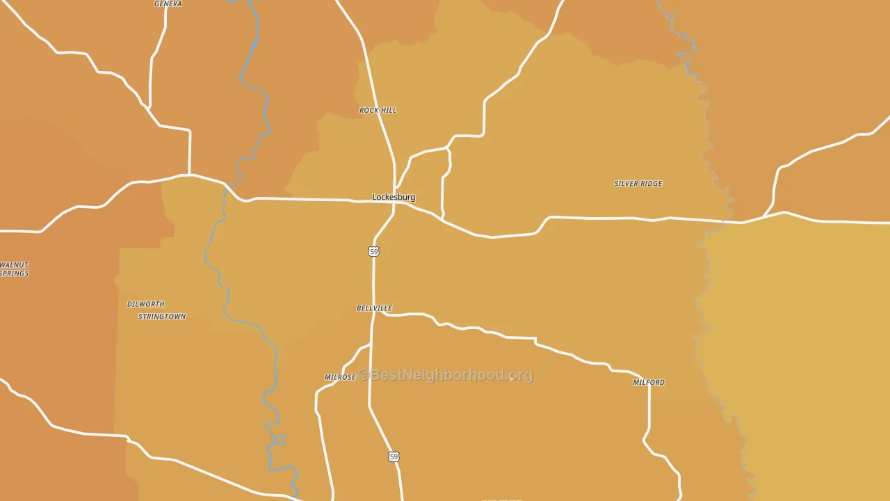 Map of the best neighborhoods in the Lockesburg area, with better matches in green and worse matches in red
