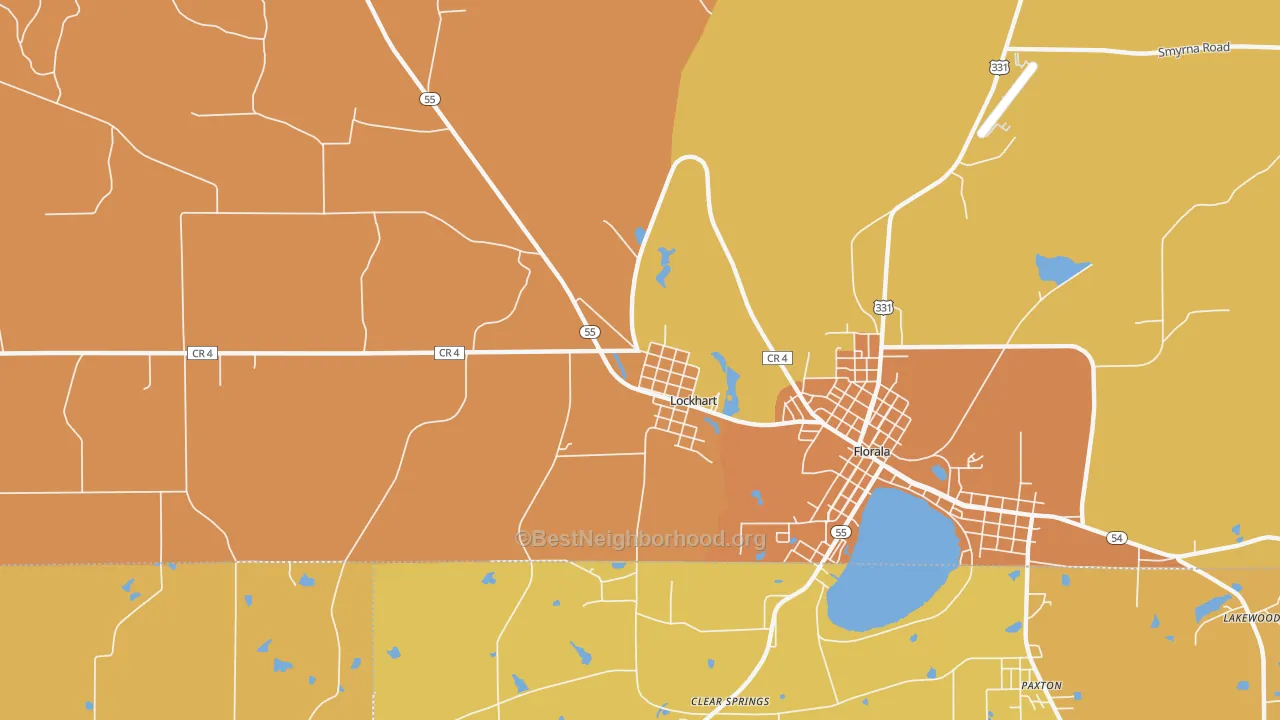Map of the best neighborhoods in the Lockhart area, with better matches in green and worse matches in red