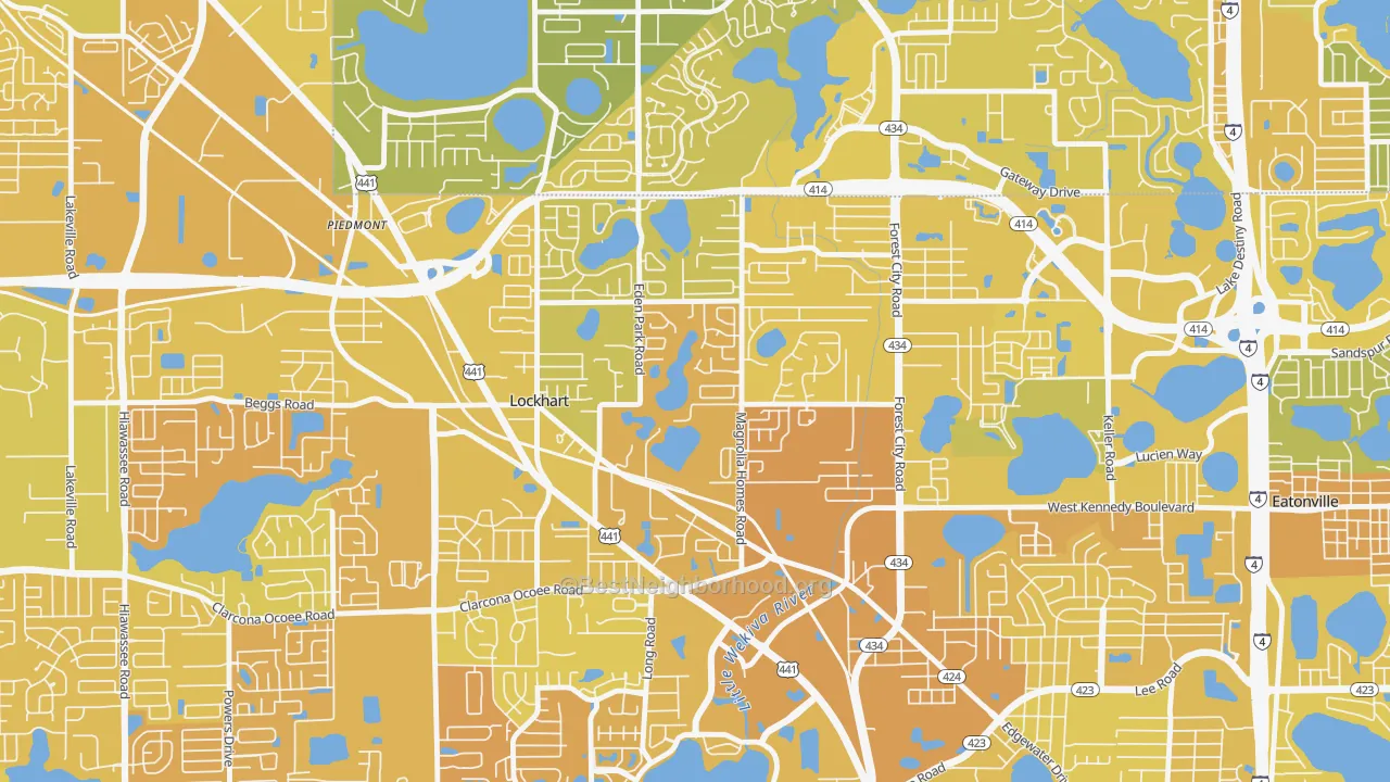 Map of the best neighborhoods in the Lockhart area, with better matches in green and worse matches in red