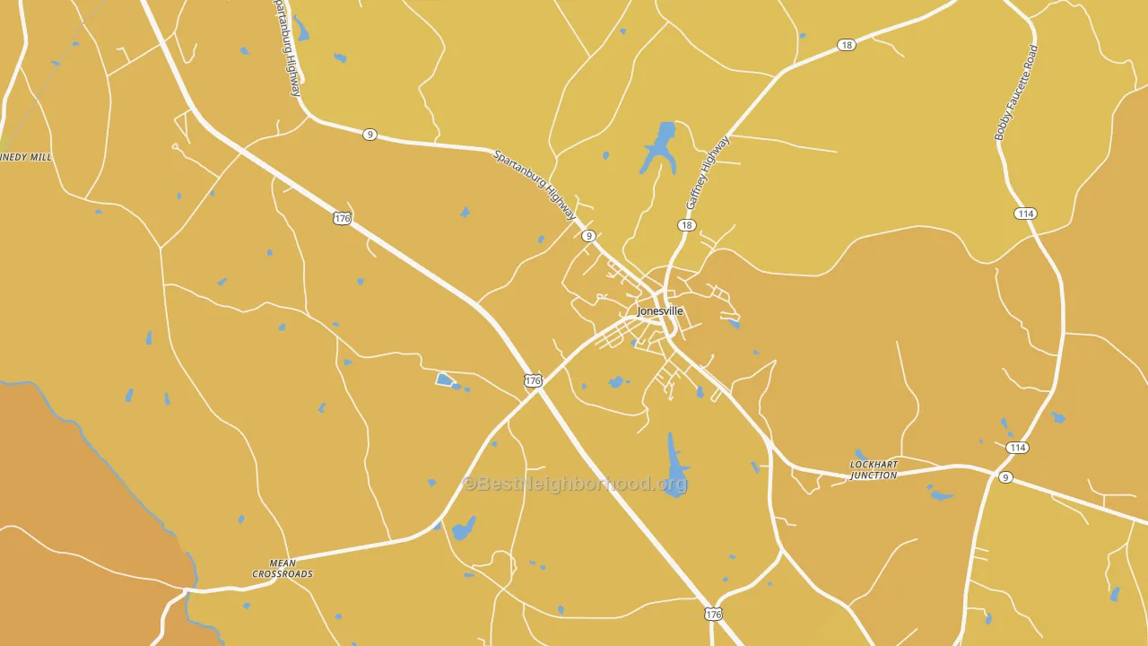 Map of the best neighborhoods in the Lockhart Junction area, with better matches in green and worse matches in red
