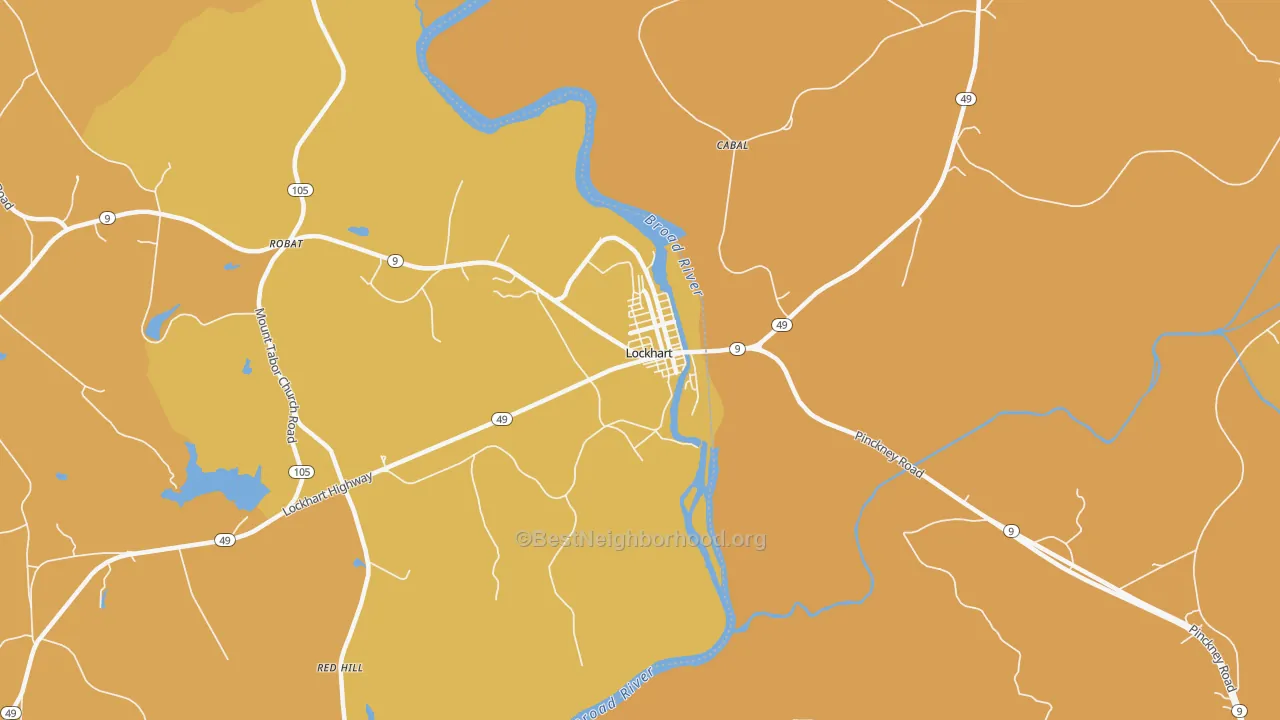 Map of the best neighborhoods in the Lockhart area, with better matches in green and worse matches in red