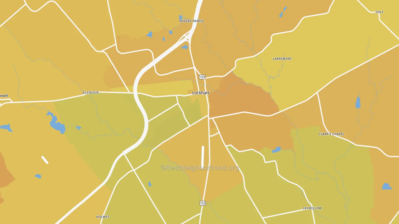 Map of the best neighborhoods in the Lockhart area, with better matches in green and worse matches in red