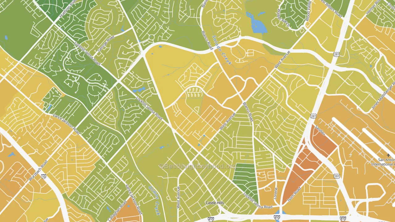 Map of the best neighborhoods in the Lockhill Estates, San Antonio area, with better matches in green and worse matches in red