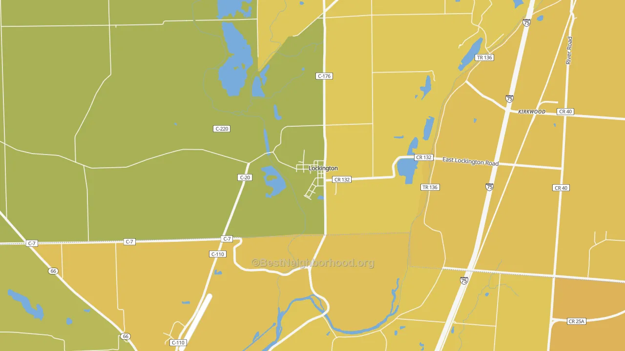 Map of the best neighborhoods in the Lockington area, with better matches in green and worse matches in red