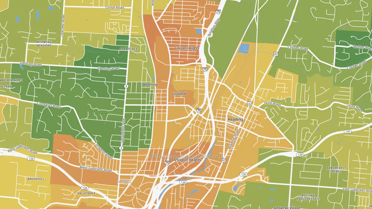 Map of the best neighborhoods in the Lockland area, with better matches in green and worse matches in red