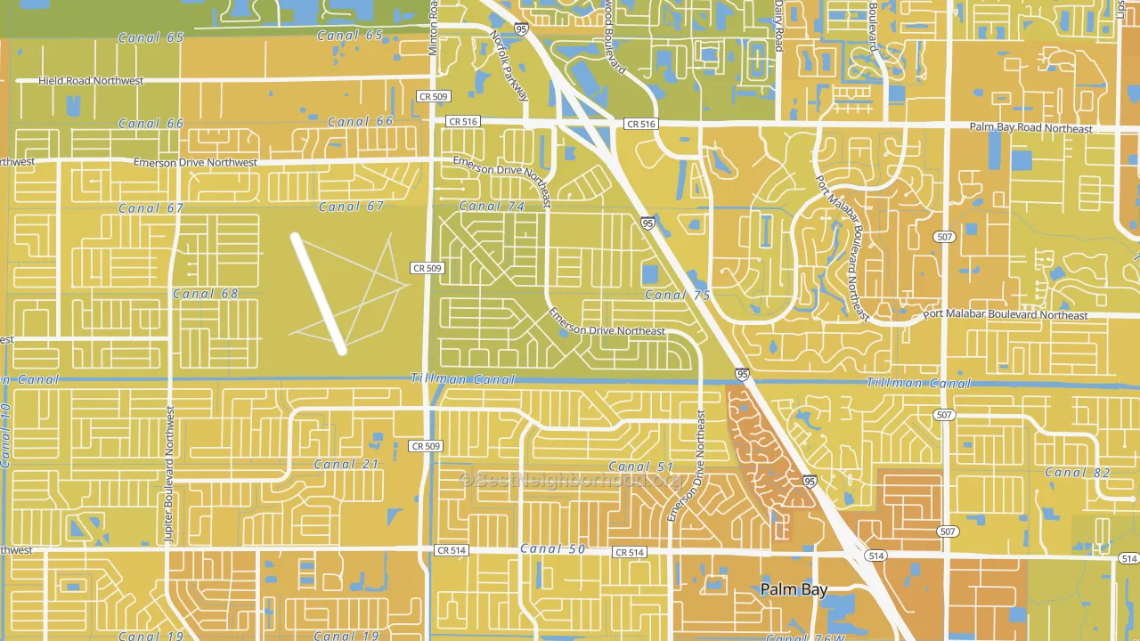 Map of the best neighborhoods in the Lockmar Estates, Palm Bay area, with better matches in green and worse matches in red