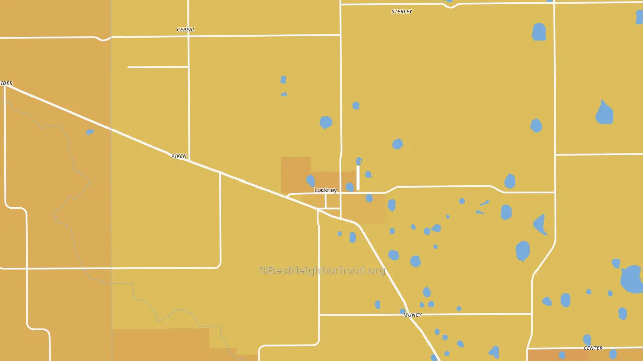 Map of the best neighborhoods in the Lockney area, with better matches in green and worse matches in red