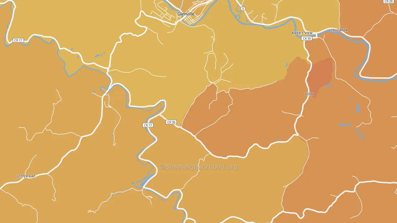 Map of the best neighborhoods in the Lockney area, with better matches in green and worse matches in red