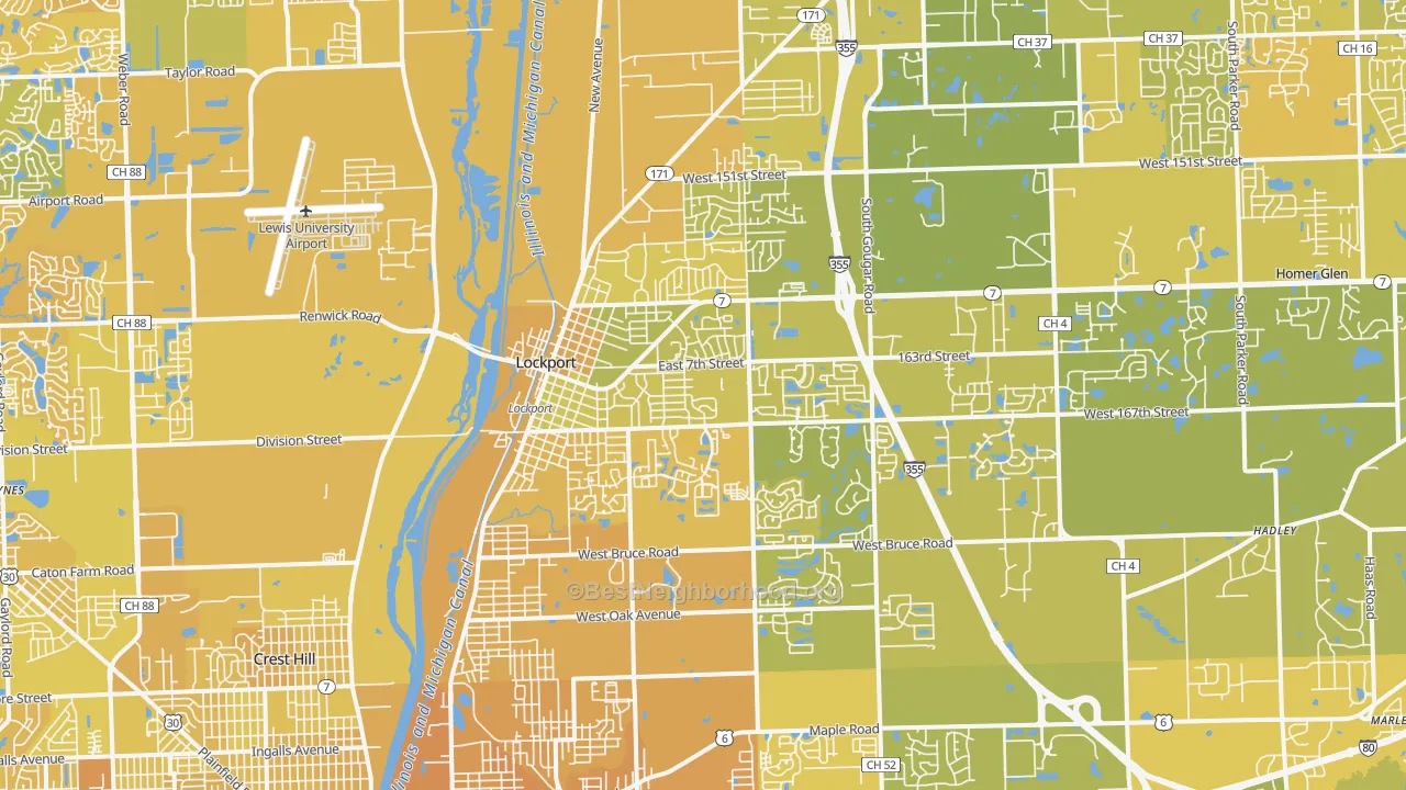 Map of the best neighborhoods in the Lockport area, with better matches in green and worse matches in red