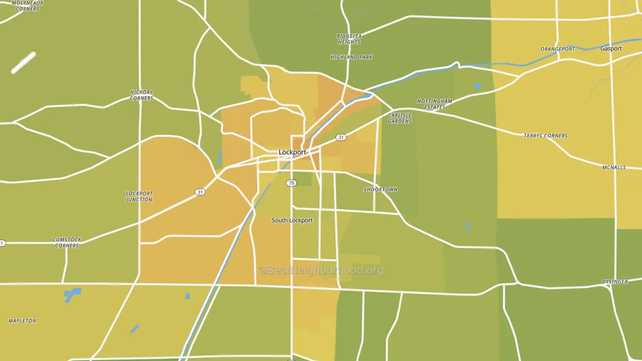 Map of the best neighborhoods in the Lockport area, with better matches in green and worse matches in red