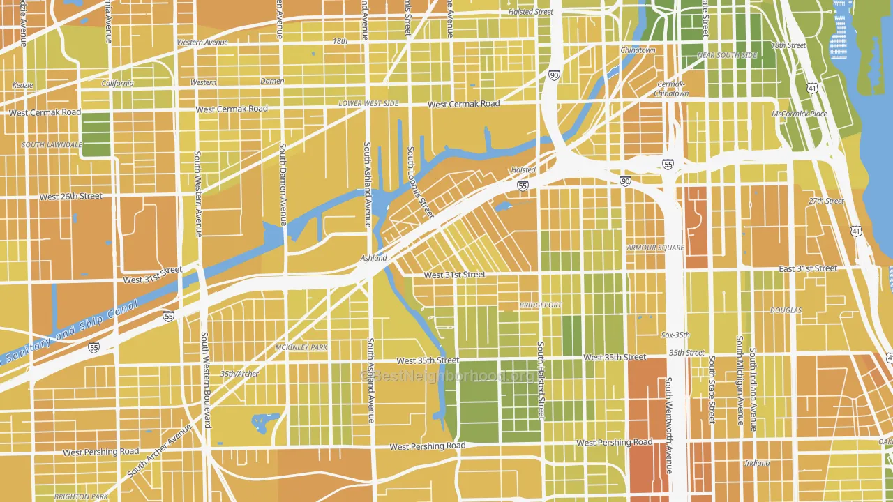 Map of the best neighborhoods in the Locks, Chicago area, with better matches in green and worse matches in red