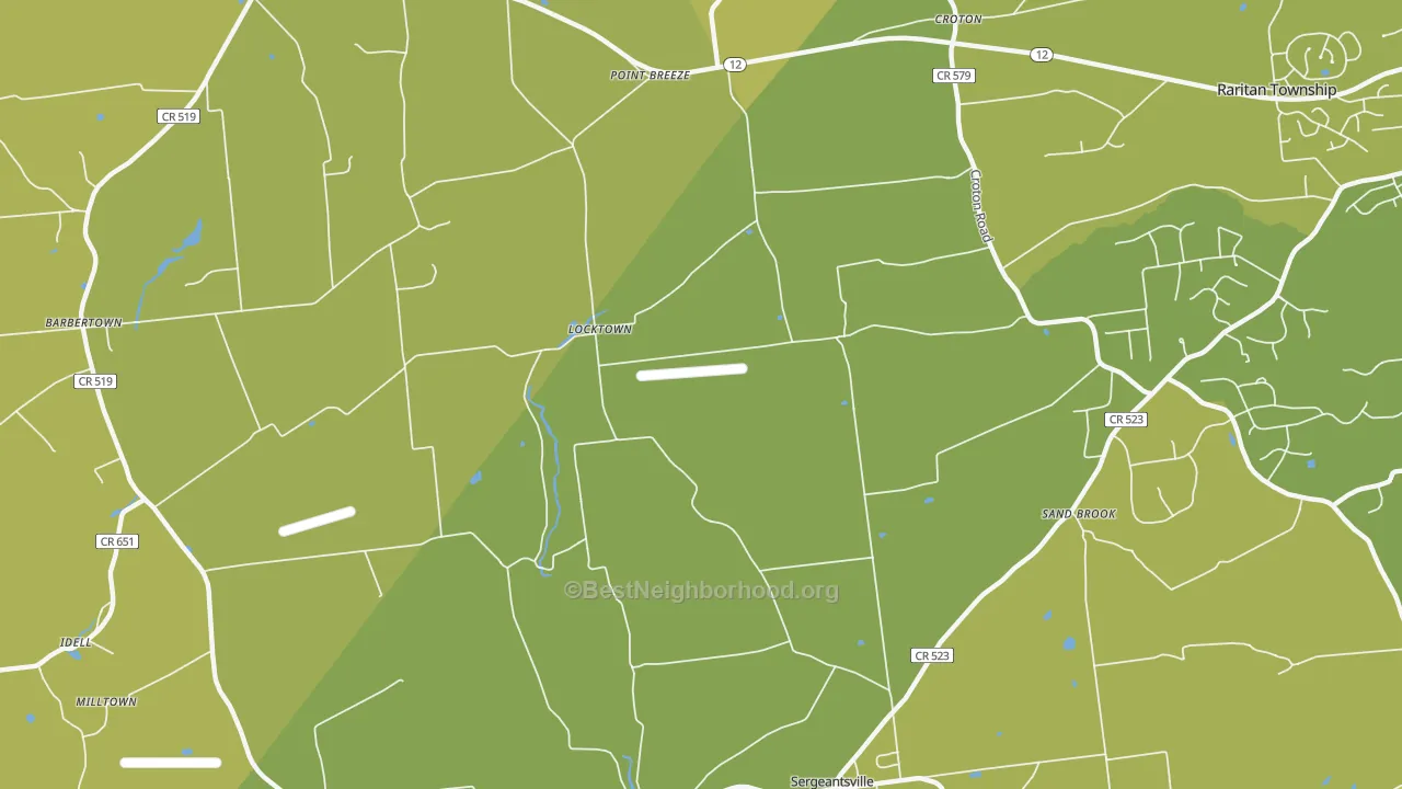 Map of the best neighborhoods in the Locktown area, with better matches in green and worse matches in red