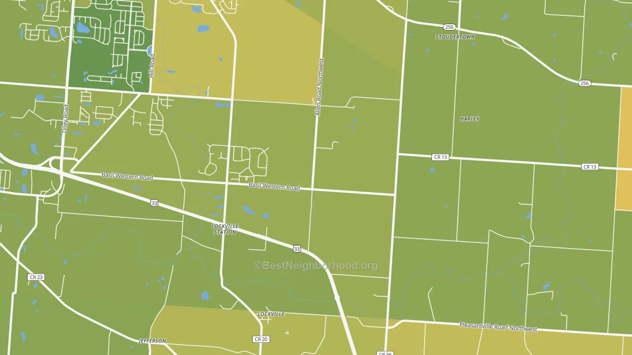 Map of the best neighborhoods in the Lockville area, with better matches in green and worse matches in red