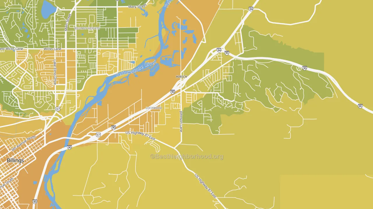 Map of the best neighborhoods in the Lockwood area, with better matches in green and worse matches in red