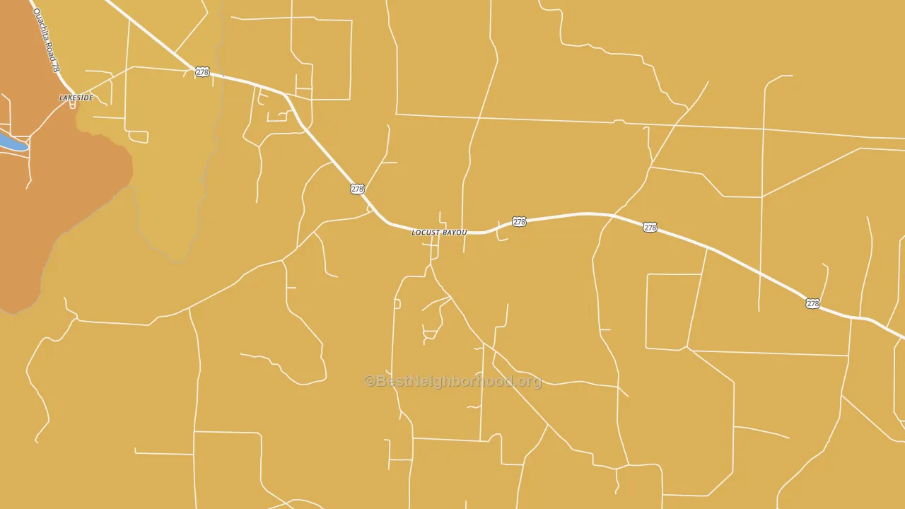Map of the best neighborhoods in the Locust Bayou area, with better matches in green and worse matches in red