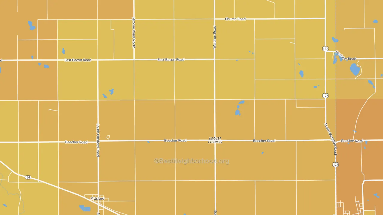 Map of the best neighborhoods in the Locust Corners area, with better matches in green and worse matches in red