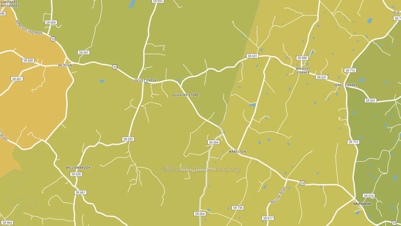 Map of the best neighborhoods in the Locust Creek area, with better matches in green and worse matches in red