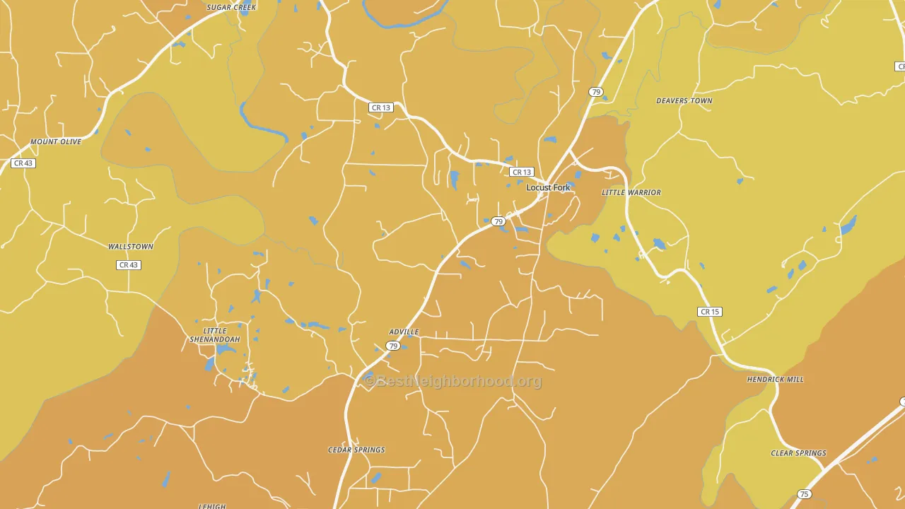 Map of the best neighborhoods in the Locust Fork area, with better matches in green and worse matches in red