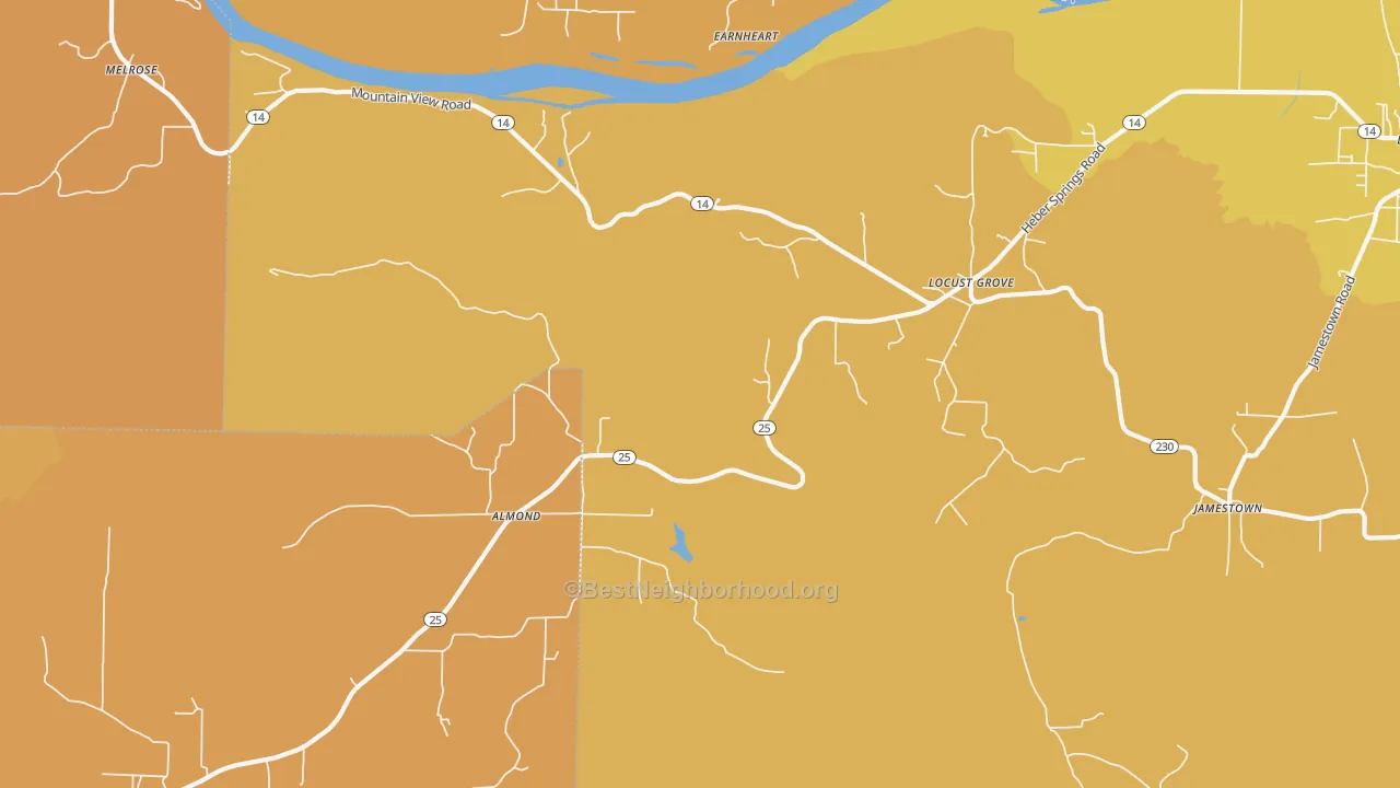 Map of the best neighborhoods in the Locust Grove area, with better matches in green and worse matches in red