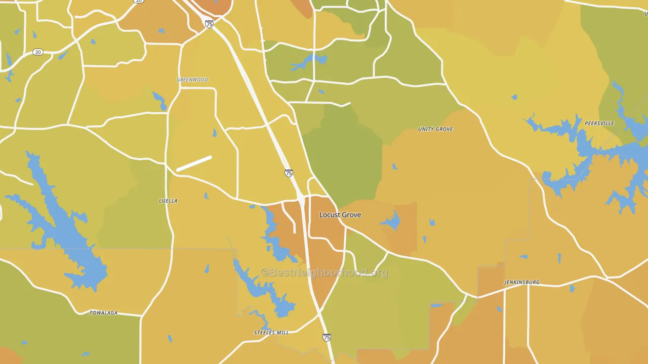 Map of the best neighborhoods in the Locust Grove area, with better matches in green and worse matches in red