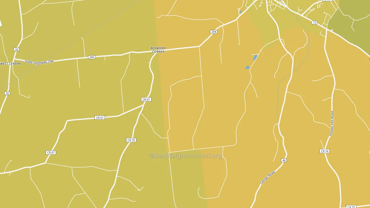 Map of the best neighborhoods in the Locust Grove area, with better matches in green and worse matches in red