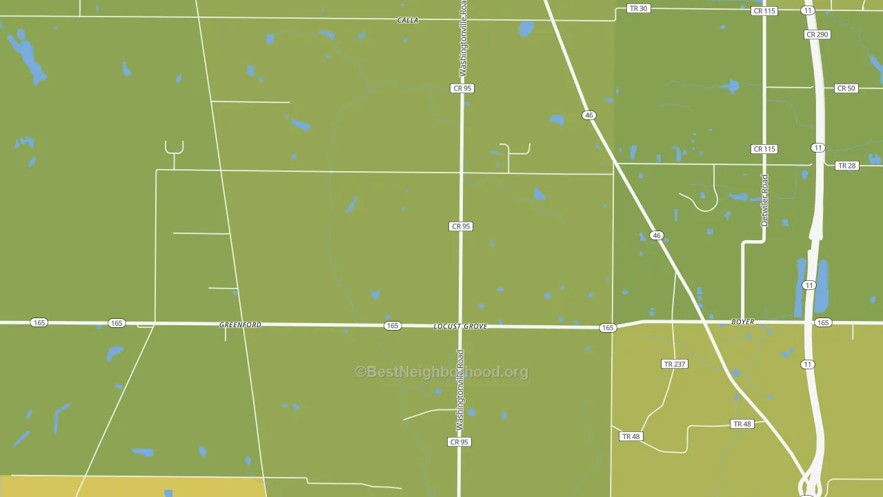Map of the best neighborhoods in the Locust Grove area, with better matches in green and worse matches in red