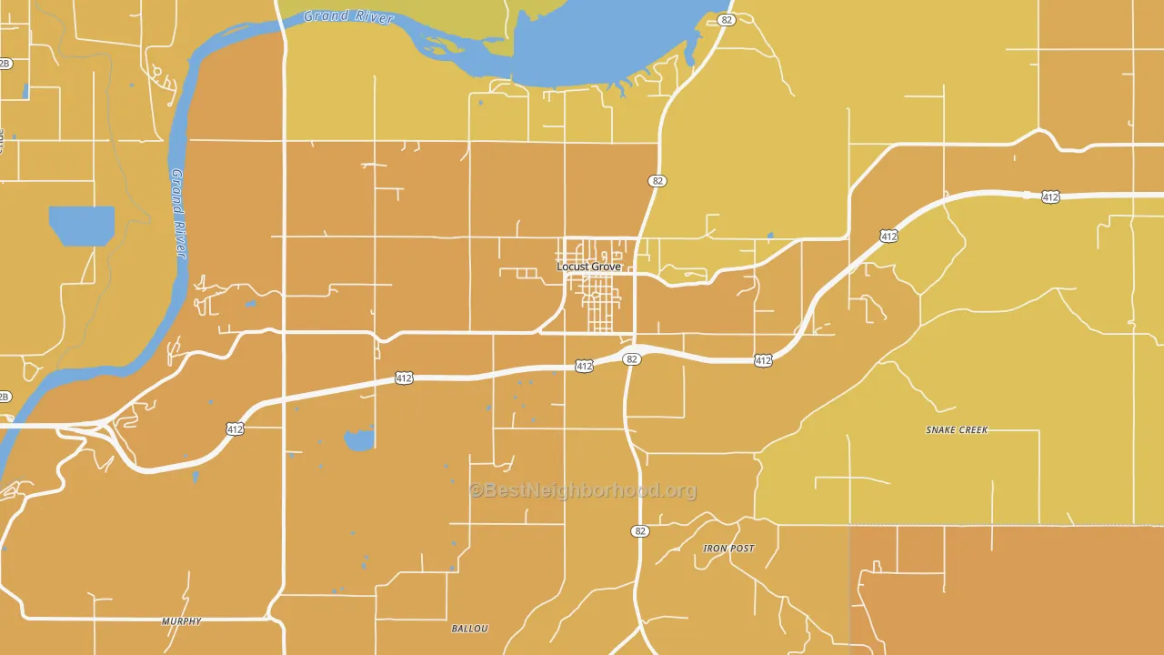 Map of the best neighborhoods in the Locust Grove area, with better matches in green and worse matches in red