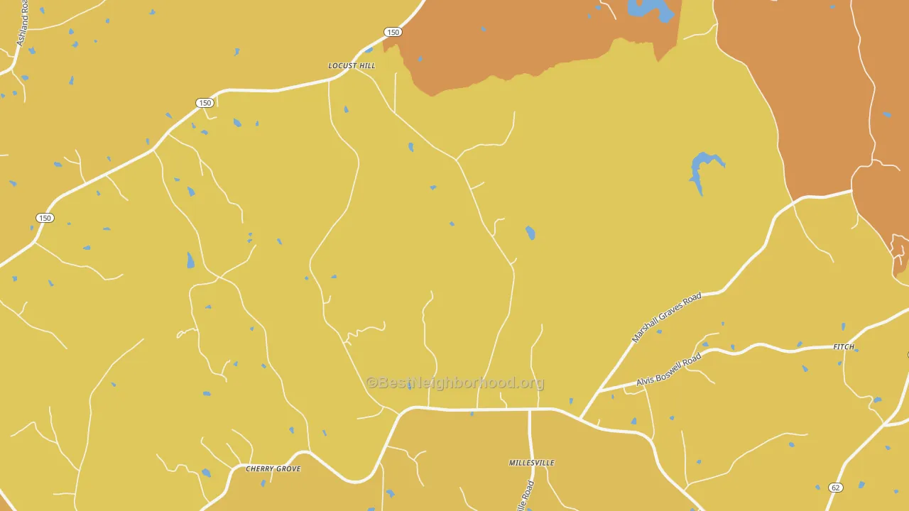 Map of the best neighborhoods in the Locust Hill area, with better matches in green and worse matches in red