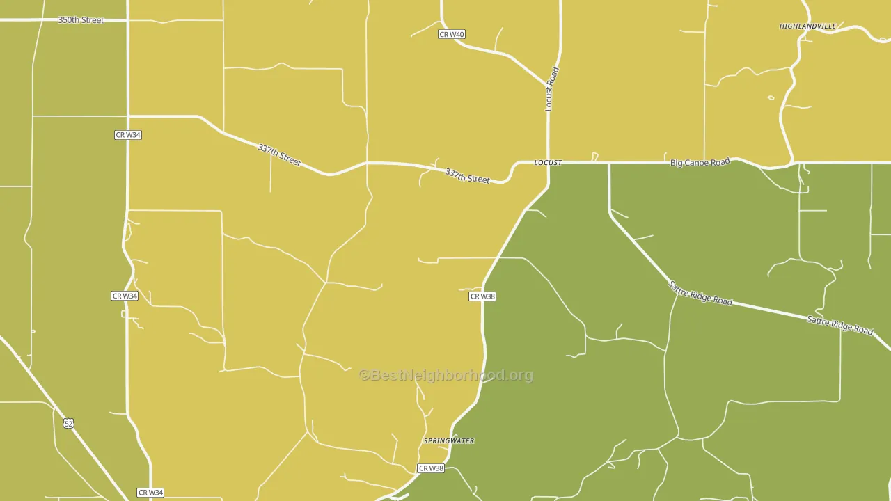Map of the best neighborhoods in the Locust area, with better matches in green and worse matches in red