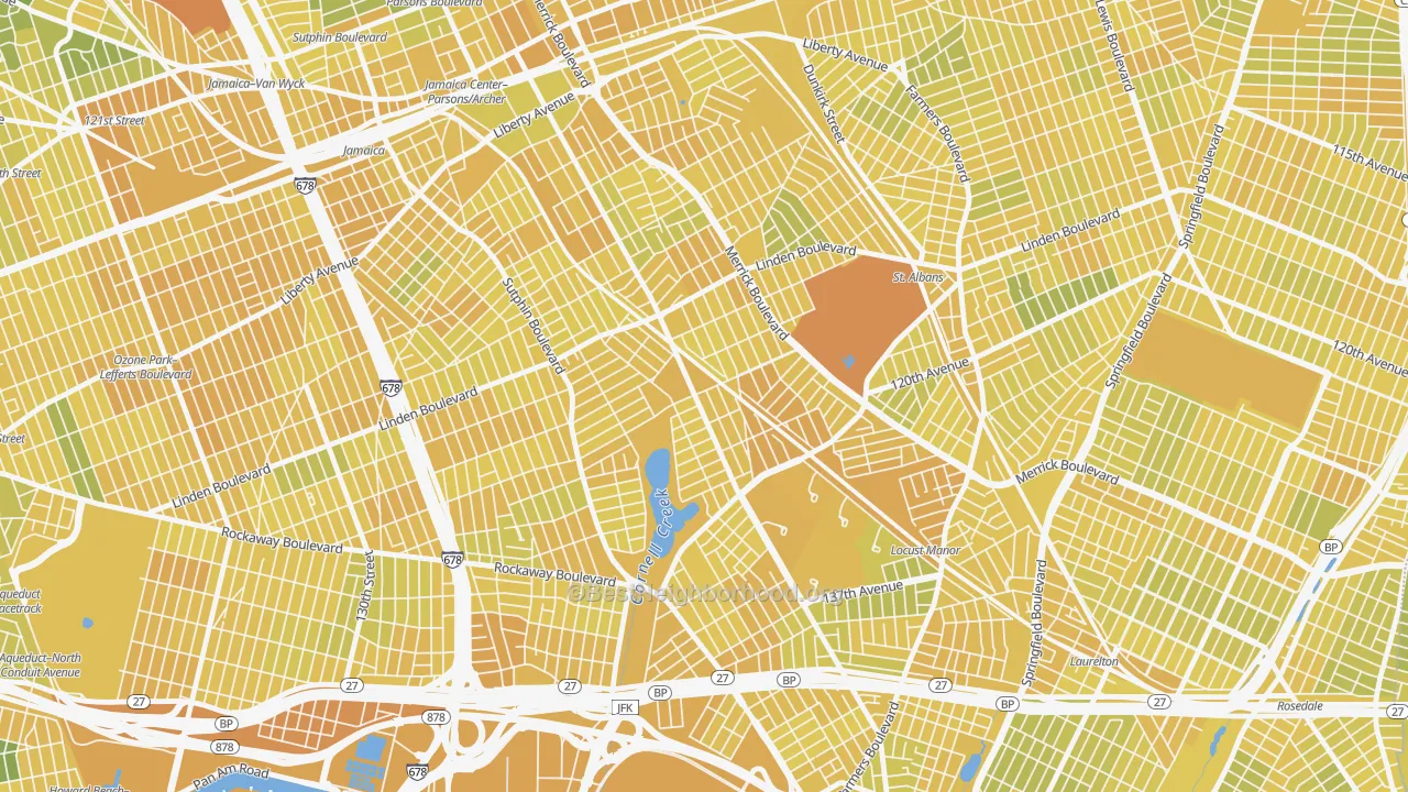 Map of the best neighborhoods in the Locust Manor, Queens area, with better matches in green and worse matches in red