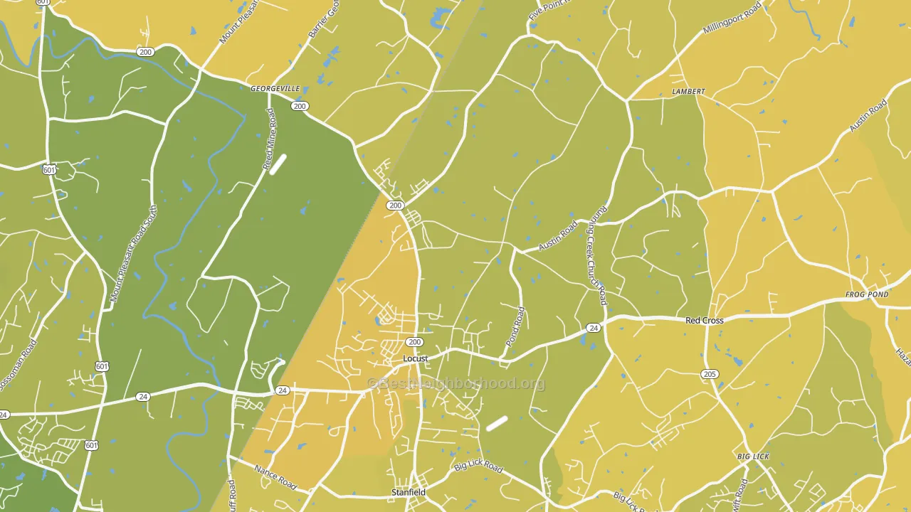 Map of the best neighborhoods in the Locust area, with better matches in green and worse matches in red
