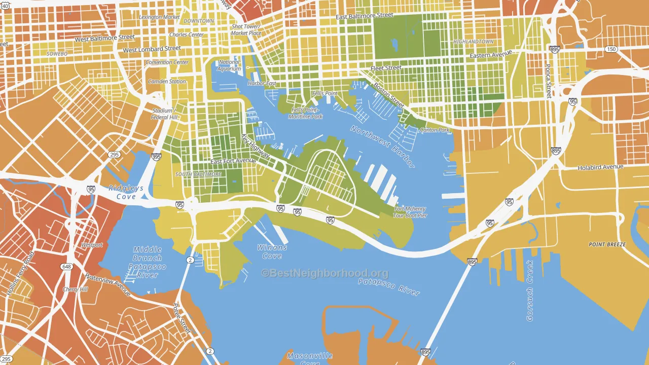 Map of the best neighborhoods in the Locust Point, Baltimore area, with better matches in green and worse matches in red