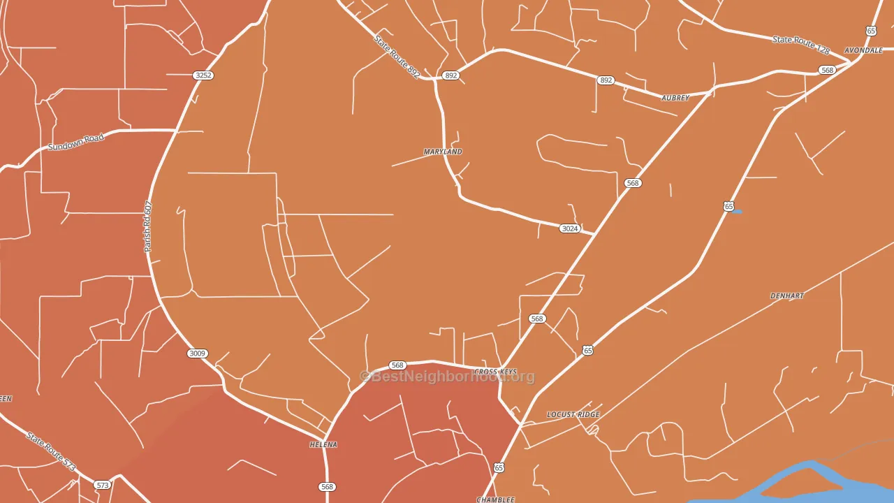 Map of the best neighborhoods in the Locust Ridge area, with better matches in green and worse matches in red