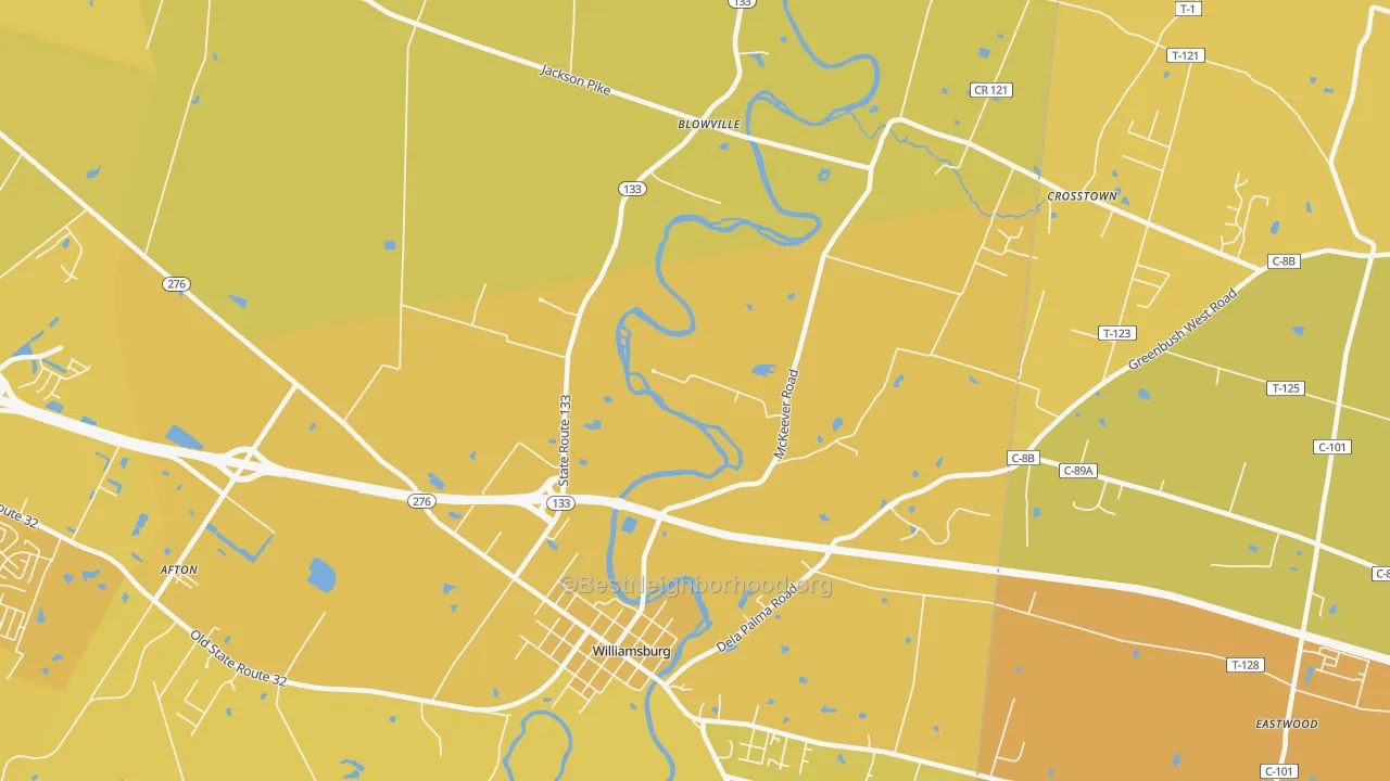 Map of the best neighborhoods in the Locust Ridge area, with better matches in green and worse matches in red